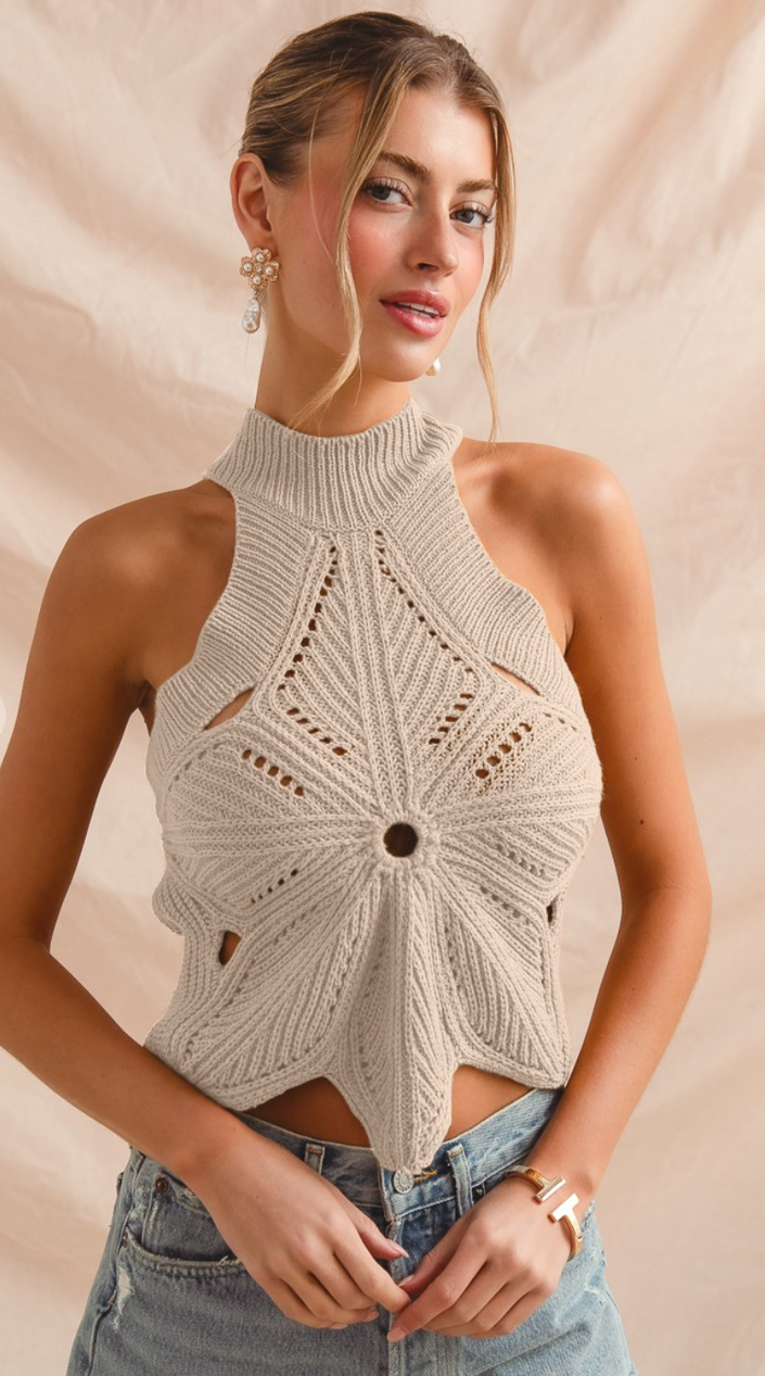 Flower Shape Knitted Halter Neck Sweater Top