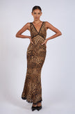 Leopard Print V-neck Black Lace Long Midi Dress