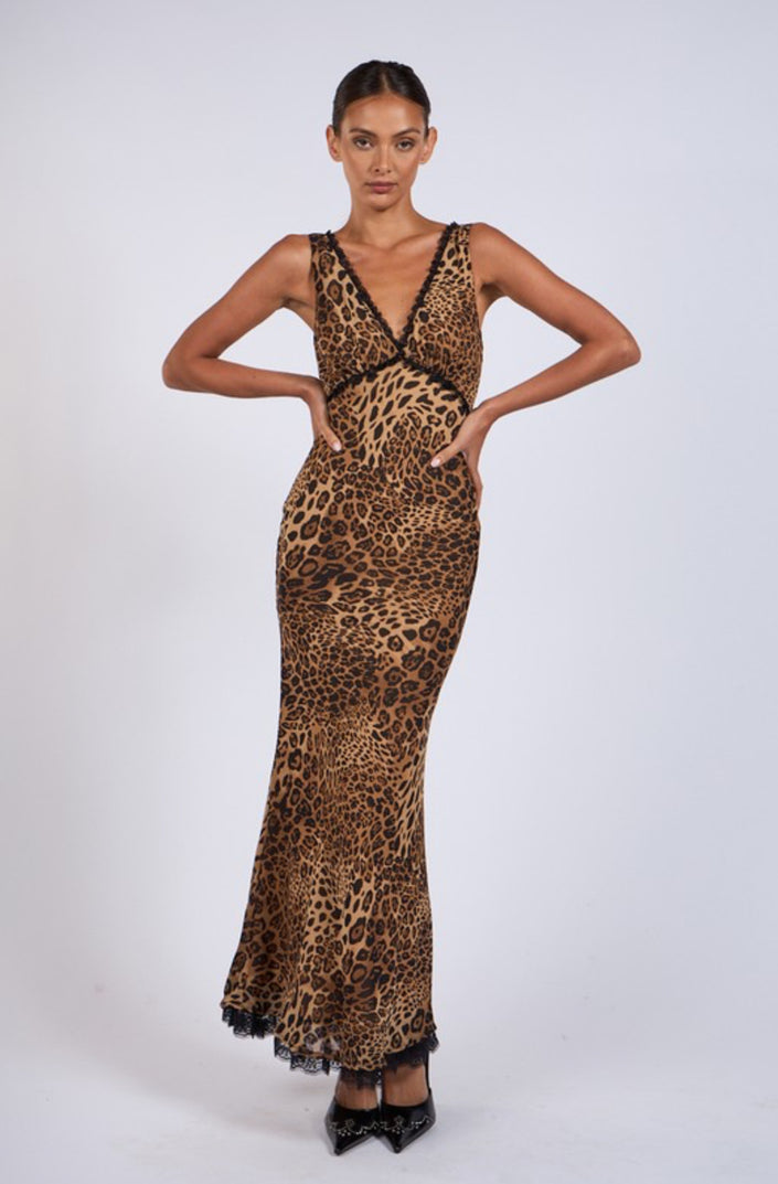 Leopard Print V-neck Black Lace Long Midi Dress
