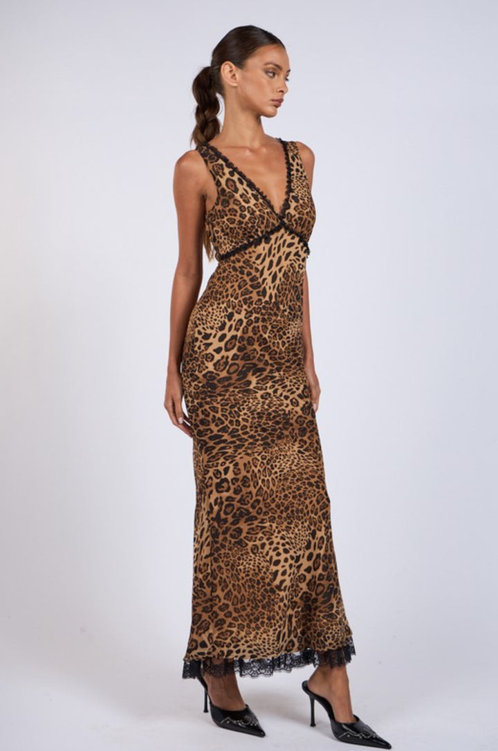Leopard Print V-neck Black Lace Long Midi Dress