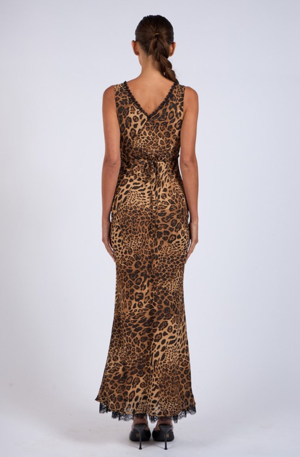 Leopard Print V-neck Black Lace Long Midi Dress
