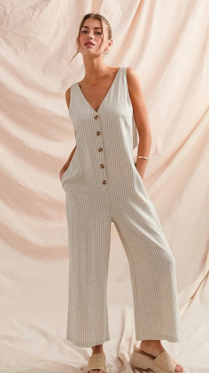 Button Front Stripe Linen Blend Jumpsuit Overalls