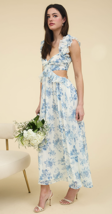 Floral Pattern Ruffle Detail Cutout Midi Dress