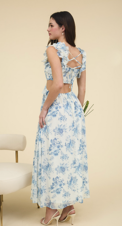 Floral Pattern Ruffle Detail Cutout Midi Dress