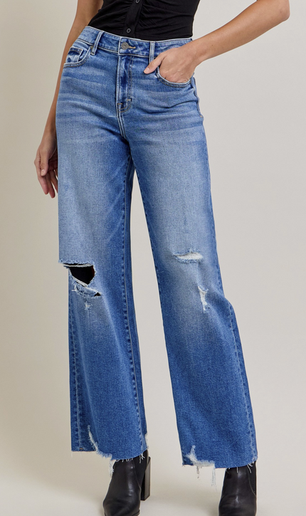 Medium Dark Distressed Stretch Dad Jean
