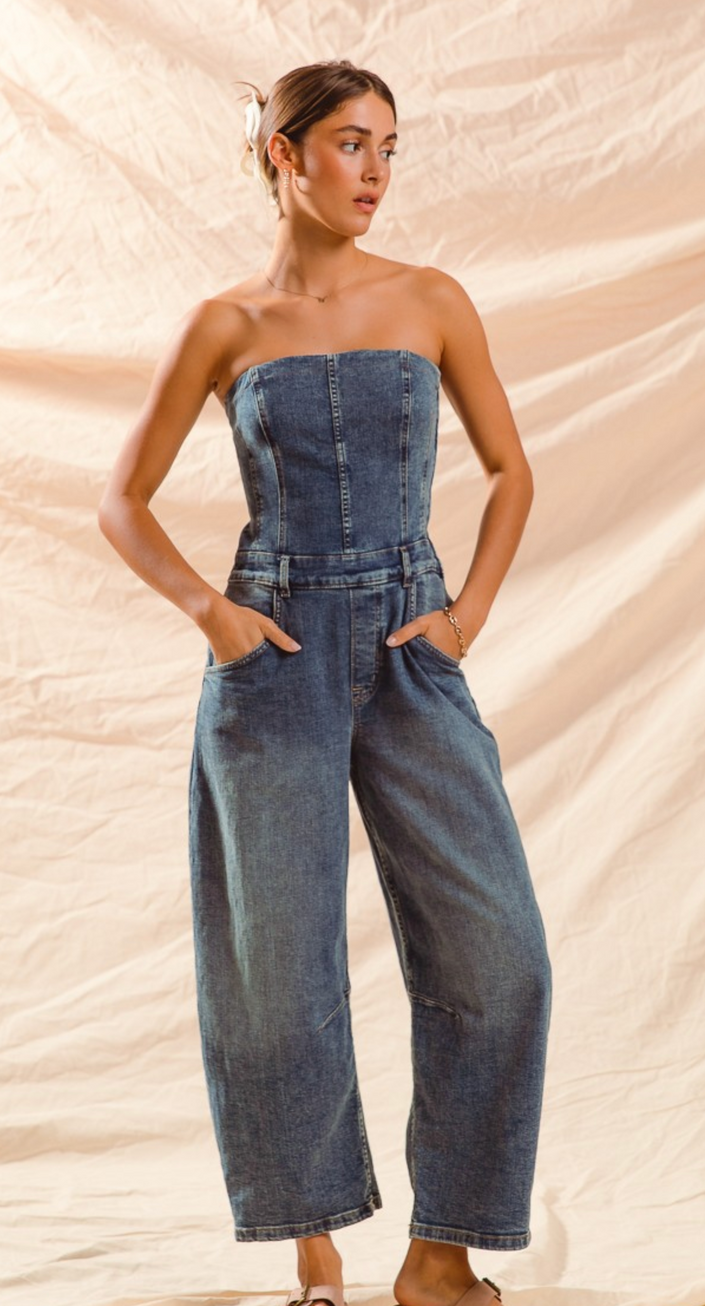 Strapless Barrel Denim Jumpsuit