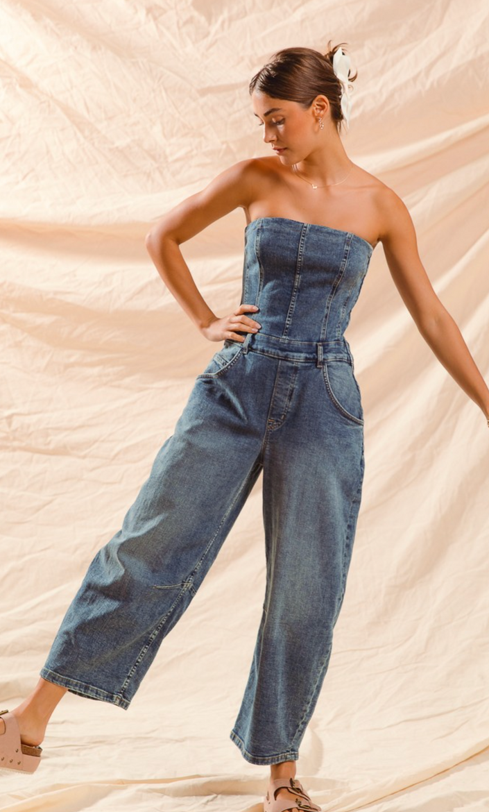 Strapless Barrel Denim Jumpsuit