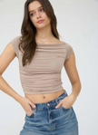 Light Mocha Ruched Front Short Sleeve Knit Crop Top