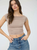 Light Mocha Ruched Front Short Sleeve Knit Crop Top