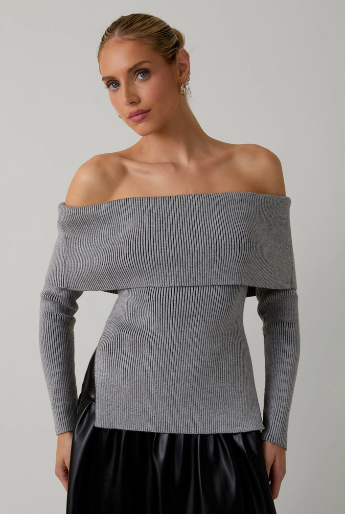 Off Shoulder Long Sleeve Ribbed Top