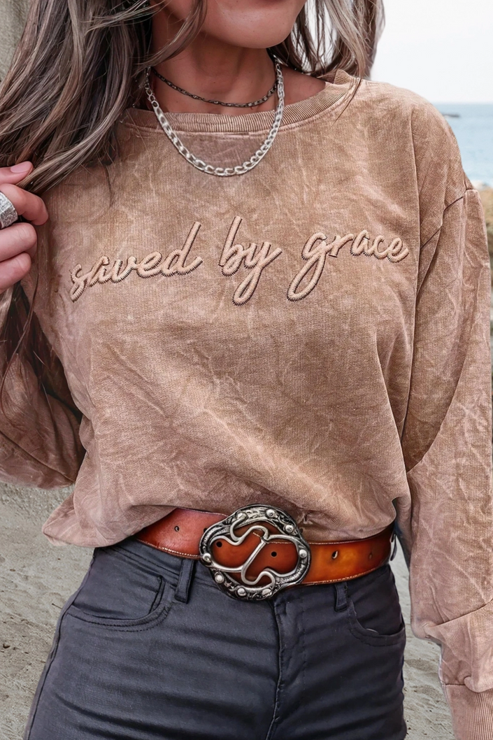 Saved By Grace Embroidery Mineral Wash Sweatshirt