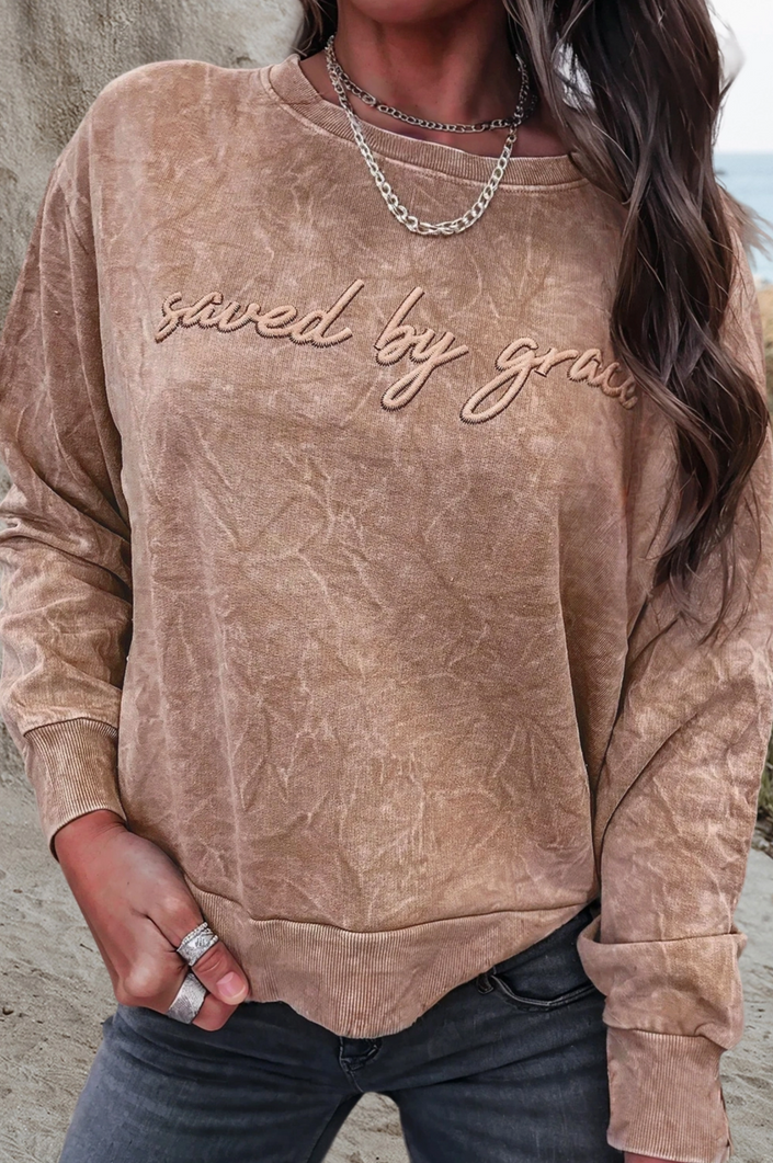 Saved By Grace Embroidery Mineral Wash Sweatshirt
