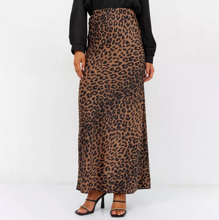 Satin Leopard Print High-Waisted Skirt