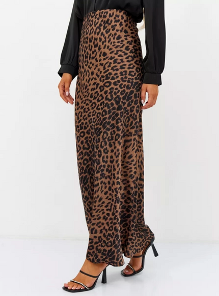 Satin Leopard Print High-Waisted Skirt