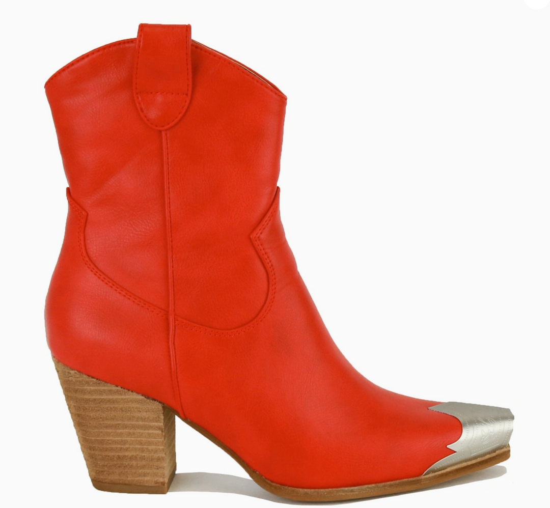 Red Western Toe Cap Ankle Boots
