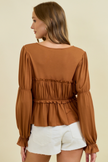 Modal Jersey Shirring Peasant Top with Tie Front