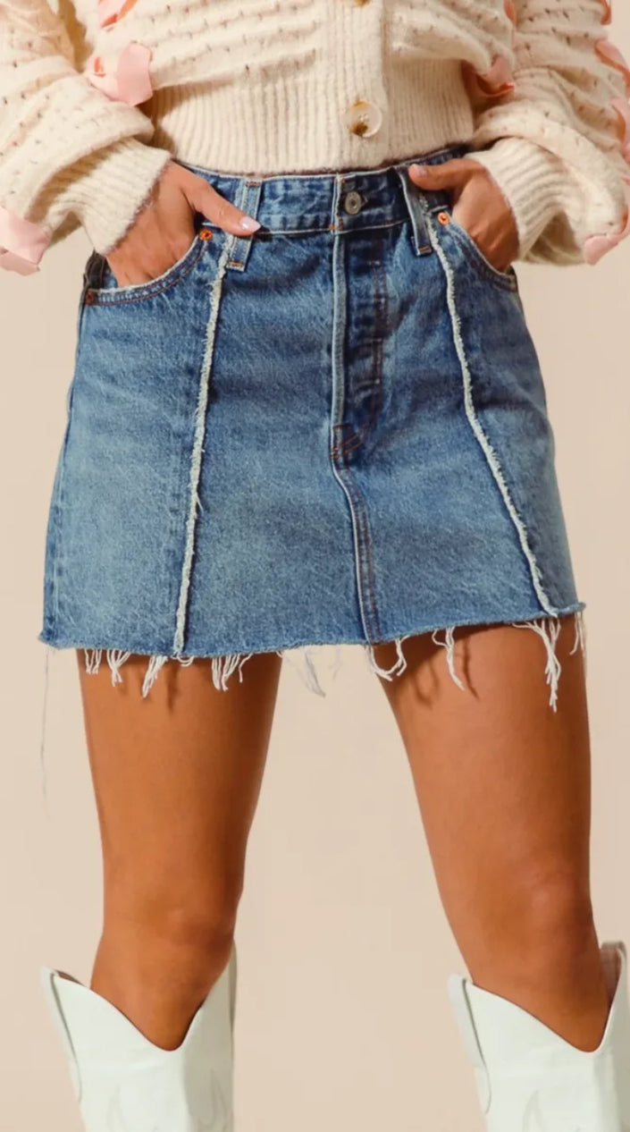 Denim Mini Skirt With Frayed Hem