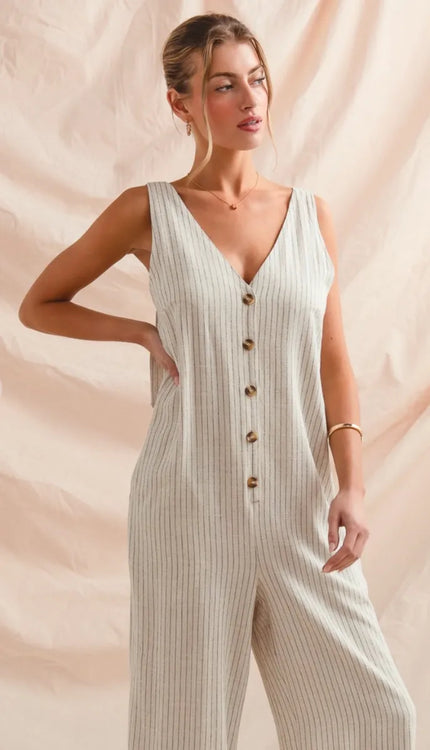 Button Front Stripe Linen Blend Jumpsuit Overalls